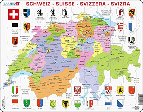 Larsen K43 Schweiz Politische Karte, Mehrsprachig (Deutsch/Französisch/Italienisch) Ausgabe, Rahmenpuzzle mit 70 Teilen von Larsen