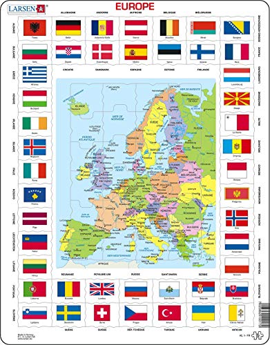 Larsen KL1 Flaggen und politische Landkarte Europas, Französisch Ausgabe, Rahmenpuzzle mit 70 Teilen von Larsen