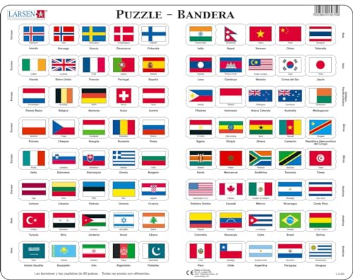 Larsen L2 Flaggen-Puzzle, Spanisch Ausgabe, Rahmenpuzzle mit 80 Teilen von Larsen