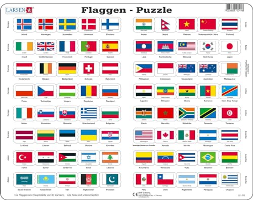 Larsen Puzzle L2 Flaggen der Welt, Alter 6+, Lernspiel Geografie, 80 Teile, Länder & Flaggen entdecken, Quiz‑Rahmen, stabiles Tablett, Made in Norway von Larsen