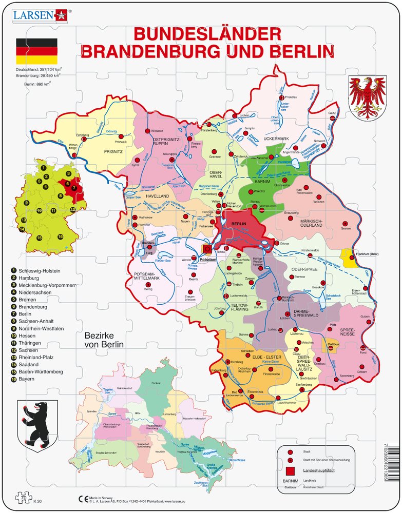 Larsen Rahmenpuzzle - Brandenburg und Berlin 70 Teile Puzzle Larsen-K30-DE von Larsen
