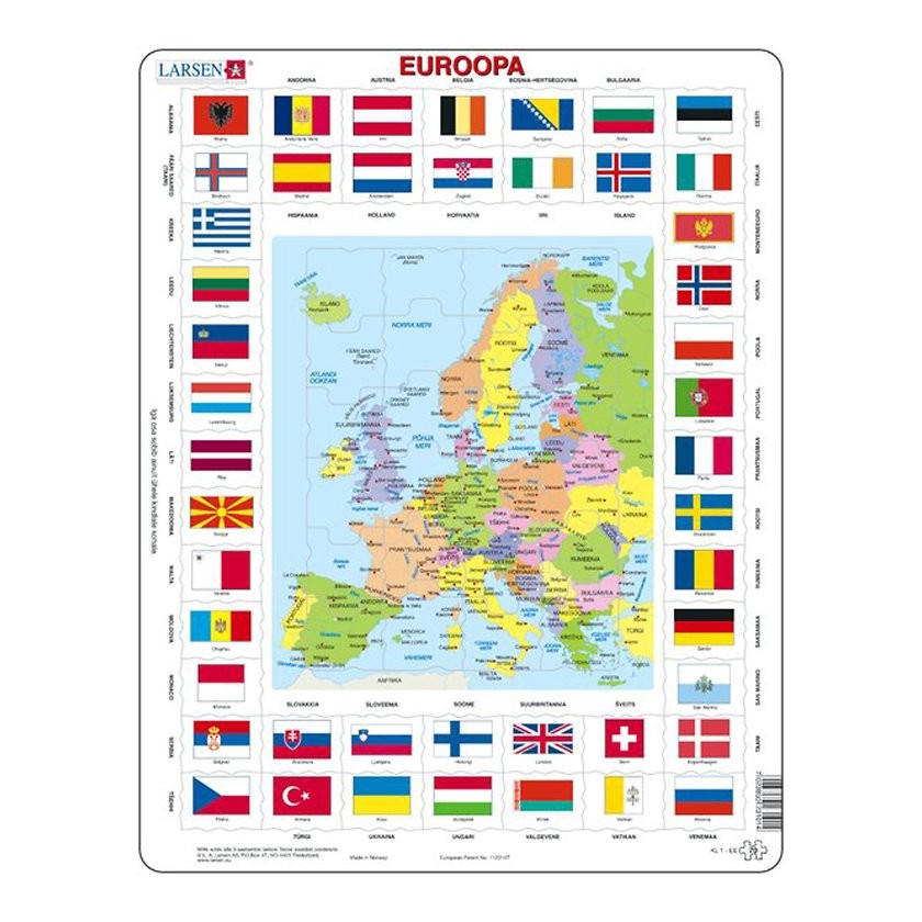 Larsen Rahmenpuzzle - Karte und Flaggen von Europa (Estnisch) 70 Teile Puzzle Larsen-KL1-EE von Larsen