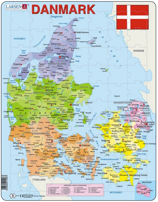 Larsen Rahmenpuzzle - Karte von Dänemark (auf Dänisch) 70 Teile Puzzle Larsen-A6-DK von Larsen