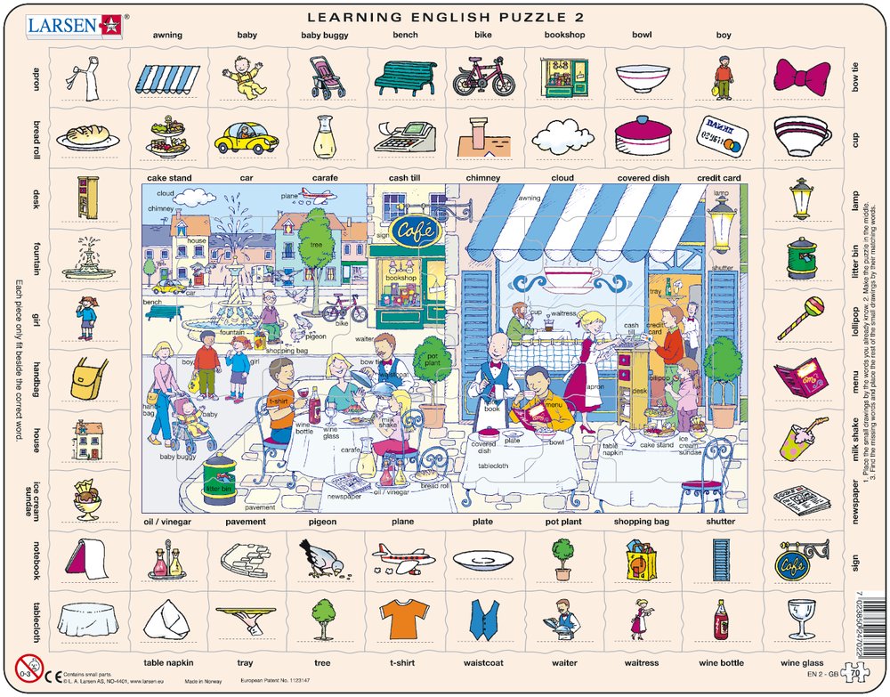Larsen Rahmenpuzzle - Learning English 2: Im Restaurant und in der Stadt 70 Teile Puzzle Larsen-EN2-GB von Larsen