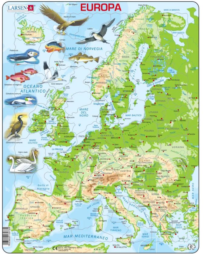 Larsen Rahmenpuzzle - Topographic Map of Europe (Italian) 87 Teile Puzzle Larsen-K70-IT von Larsen