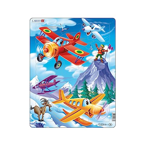 Larsen US12 Rahmenpuzzle für Kinder I Fröhliche Flugzeuge fliegen um die Berge I Puzzle ab 3 Jahre I Kinderpuzzle mit 20 Teilen I Spielspaß & Lernen von Larsen