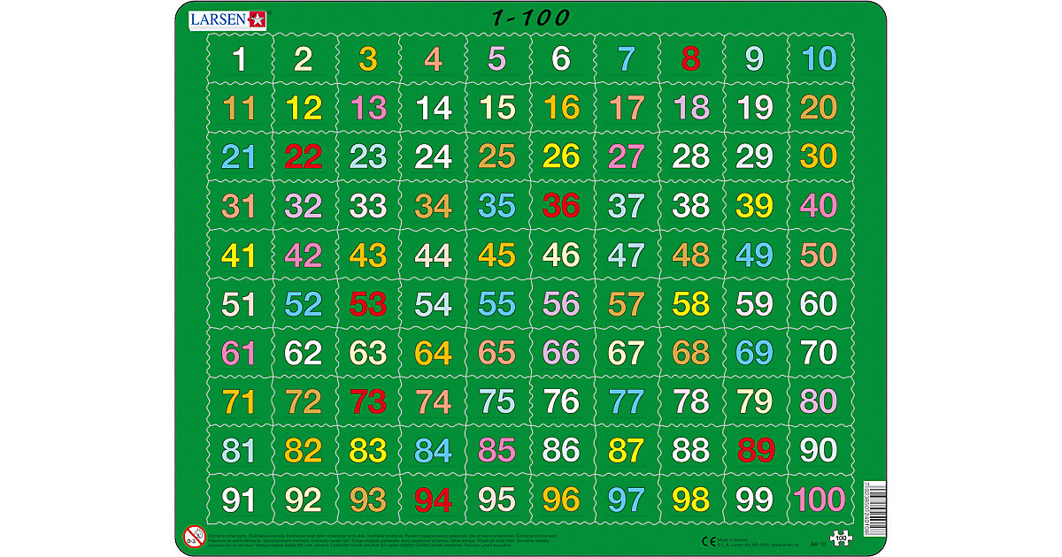 Rahmen-Puzzle, 100 Teile, 36x28 cm, Zahlen 1-100 Rahmen-Puzzle, 100 Teile, 36x28 cm, Zahlen 1-100 von Larsen