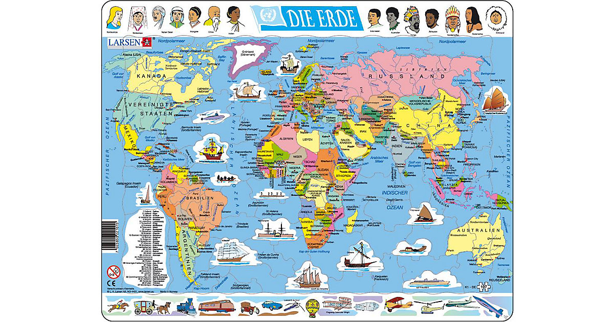 Rahmen-Puzzle, 107 Teile, 36x28 cm, Karte Erde politisch Rahmen-Puzzle, 107 Teile, 36x28 cm, Karte Erde politisch von Larsen