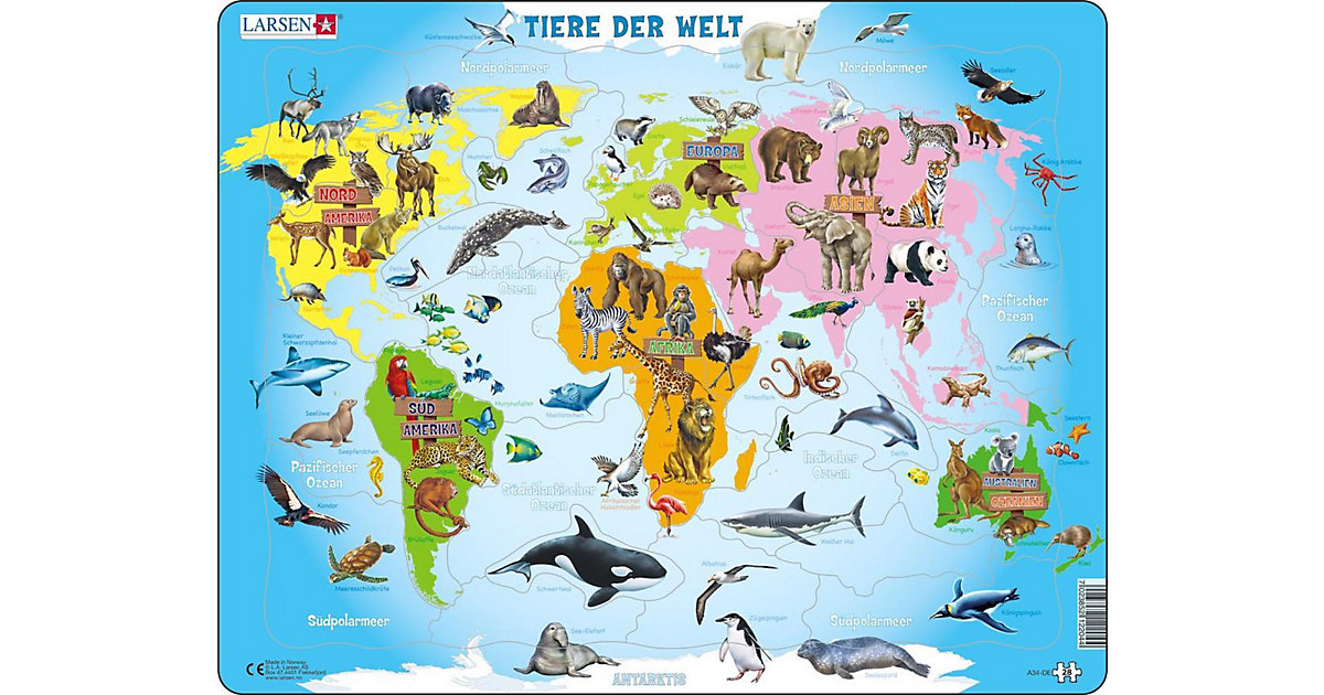 Rahmen-Puzzle, 28 Teile, 36x28 cm, Karte Tiere der Welt Rahmen-Puzzle, 28 Teile, 36x28 cm, Karte Tiere der Welt von Larsen