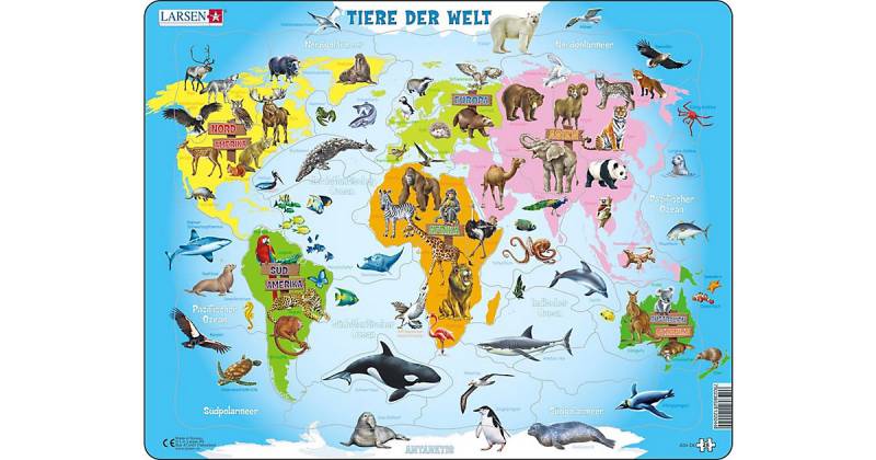 Rahmen-Puzzle, 28 Teile, 36x28 cm, Karte Tiere der Welt von Larsen