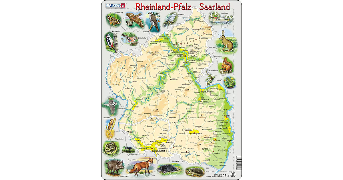 Rahmen-Puzzle, 66 Teile, 36x28 cm, Karte Rheinland-Pfalz / Saarland (physisch) von Larsen