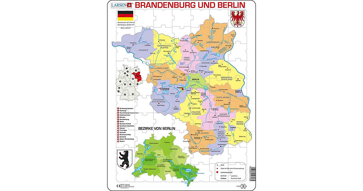 Rahmen-Puzzle, 70 Teile, 36x28 cm, Karte Brandenburg / Berlin (politisch) von Larsen