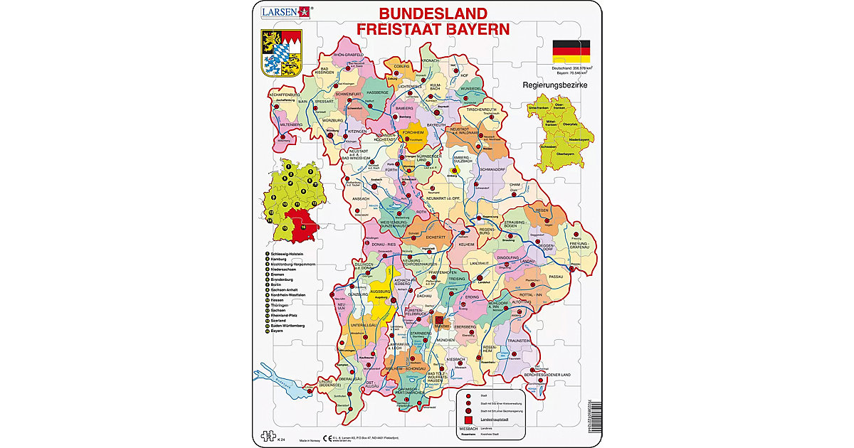 Rahmen-Puzzle, 70 Teile, 36x28 cm, Karte Bundesland Bayern von Larsen
