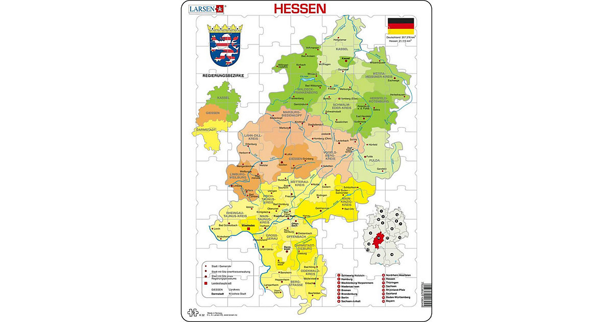 Rahmen-Puzzle, 70 Teile, 36x28 cm, Karte Hessen (politisch) von Larsen