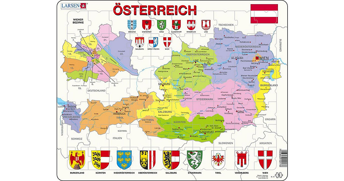 Rahmen-Puzzle, 70 Teile, 36x28 cm, Karte Österreich (politisch) von Larsen