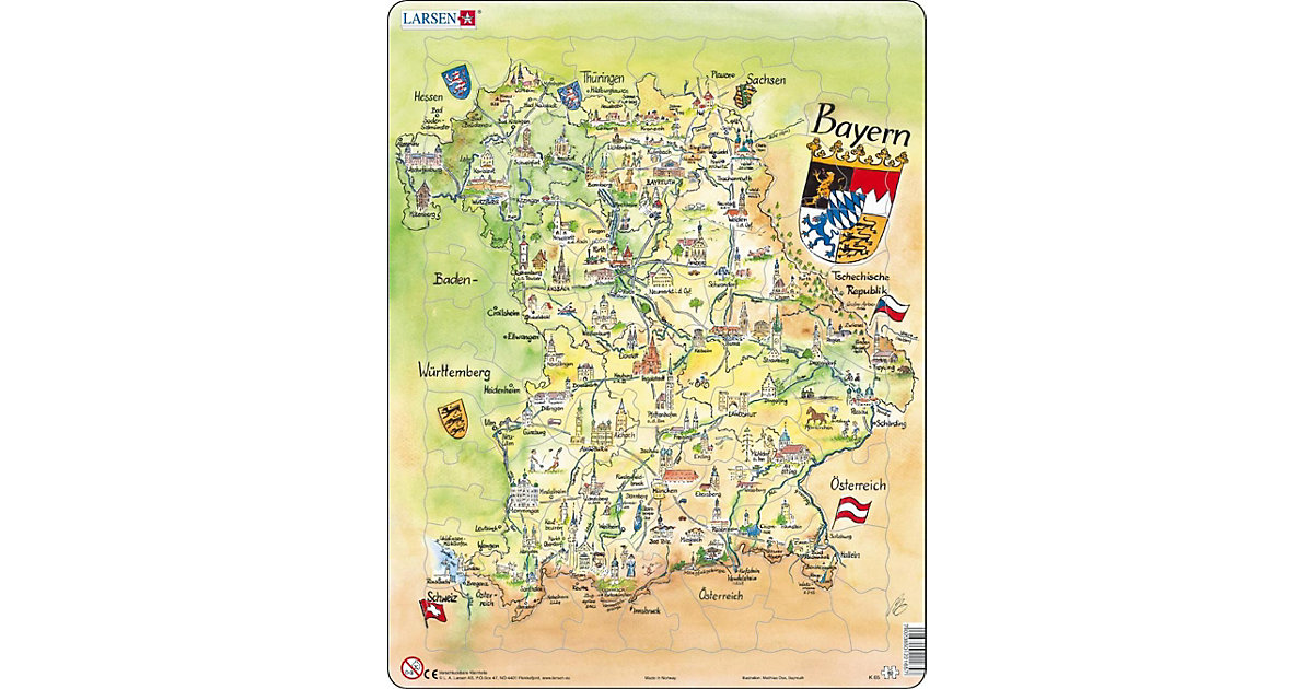 Rahmen-Puzzle, 80 Teile, 36x28 cm, Karte Bayern (Touristisch) von Larsen