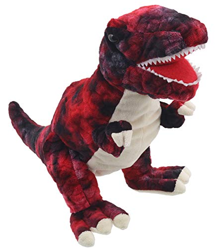 Lashuma Plüsch Handpuppe Dinosaurier, Tierpuppe T-Rex 28 cm, Stofftier Theaterpuppe, Kuschel Handspielpuppe Farbe Rot von Lashuma