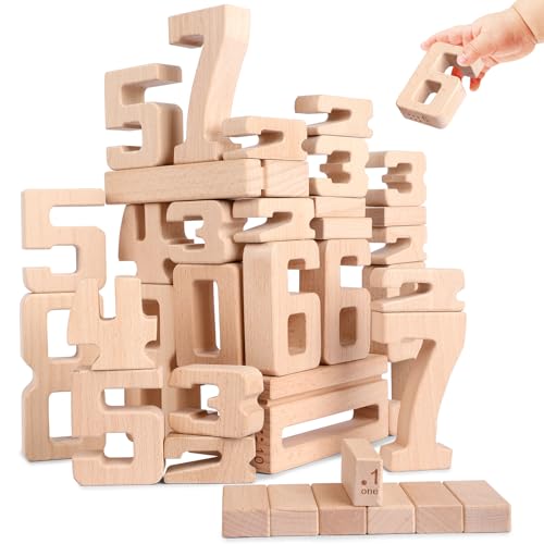 Lasoba Holz Zahlbausteine, Große Ziffernblöcke 1-10, 32 Stück Mathebausteine Zahlenspiele für Kinder, Bildungsbausteine für Kleinkinder, Spielzeuge zum Lernen von Zahlen für 3-Jährige + von Lasoba