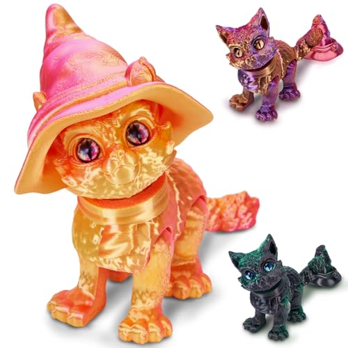 Laspi 3D-gedruckte Katze mit Hexenhut, flexibles Gelenktier, abnehmbarer Hut, ideal für Halloween-Schreibtisch-Dekor oder Geschenke (Dreamy Orange) von Laspi