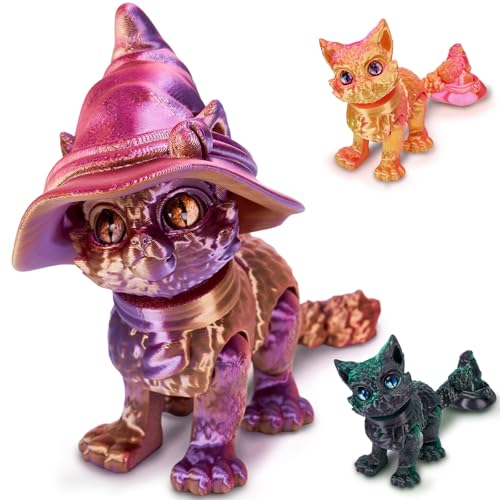 Laspi 3D-gedruckte Katze mit Hexenhut – flexibles Gelenktier, abnehmbarer Hut, ideal für Halloween-Schreibtisch-Dekor oder Geschenke (schillernd) von Laspi