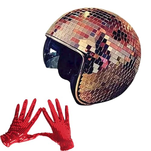 Laspi Discokugel-Helm Set, Disco-Kappe mit Einziehbarem Sonnenschutz und Disco-Handschuhe, Disco-Party-Helm-Hut Für DJ-Club, Bühne, Party, Hochzeit, Urlaub (Roségoldener Helm mit roten Handschuhen) von Laspi