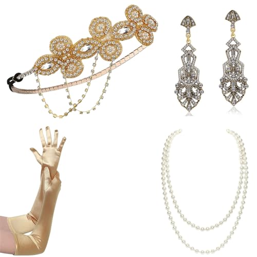 Laspi Vintage 1920er Jahre Flapper Party Frauen Kostüm Zubehör Set Feder Stirnband Halskette Ohrringe Handschuhe für Cocktail Party Vintage Zubehör Set Mädchen Kostüm Zubehör Partyzubehör von Laspi