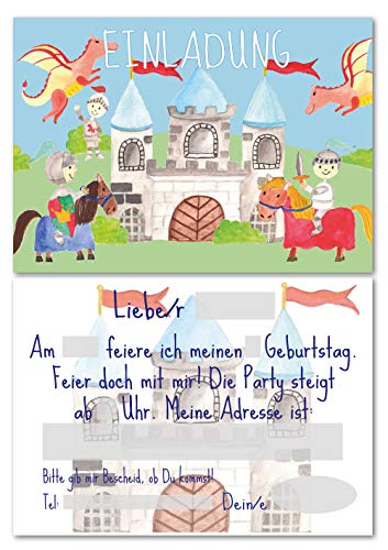 Lasse und Lucie 12 Einladungskarten für den Kindergeburtstag Ritter/handgemaltes Design/im Format DIN A6 / zum Ausfüllen von Lasse und Lucie