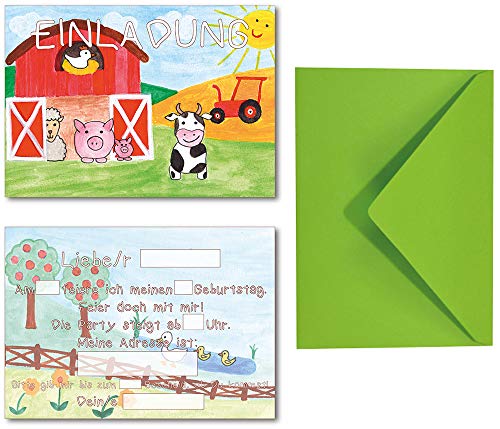 Lasse und Lucie Einladungskarten Set für Kindergeburtstag Bauernhof/Bauernhof Tierparty / 8 Karten Plus 8 farbige Umschläge/Format DIN A6 von Lasse und Lucie