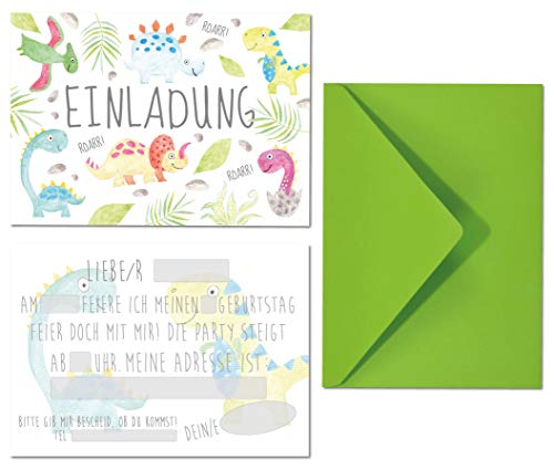 Lasse und Lucie Einladungskarten Set für Kindergeburtstag Dino/Dino-Party / 8 Karten Plus 8 farbige Umschläge von Lasse und Lucie