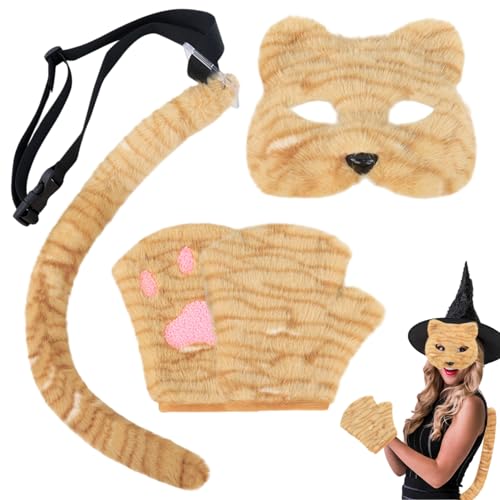 Latebebebe Pelziger Anzug, süße Katzenmaske mit Schwanz & Handschuhen, Simulation Therian Maske, pelziges Kostüm für Halloween, Weihnachten, Party, Maskerade Masquerade Latebebebe Pelziger Anzug, süße Katzenmaske mit Schwanz & Handschuhen, Simulation Therian Maske, pelziges Kostüm für Halloween, Weihnachten, Party, Maskerade Masquerade von Latebebebe