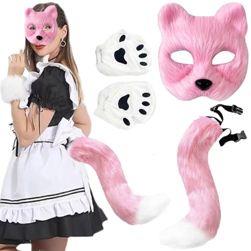 Latebebebe Therian Maske und Schwanz, Plüschpelzmaske Cosplay Kostüm Set mit Fox Tail Paw Handschuhen Halloween Weihnachtsfeier für Mädchen Frauen Pelzig Latebebebe Therian Maske und Schwanz, Plüschpelzmaske Cosplay Kostüm Set mit Fox Tail Paw Handschuhen Halloween Weihnachtsfeier für Mädchen Frauen Pelzig von Latebebebe