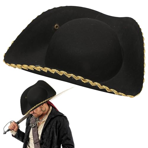Latebebebe Tricorn Hat Faux Leder Halloween Piratenhut Unisex mit sicherem Knopf, das Colonial für Erwachsene trägt, Kinderrevolutionär Krieg Kostüm (schwarz mit goldener Kante) von Latebebebe