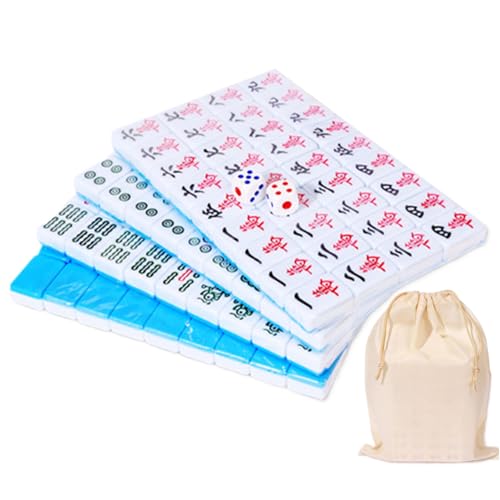 Mahjong Set Chinese Mahjong Game Set 144 Fliesen solide Struktur Mini mit 2 Würfel ＆ Aufbewahrungstasche einfach zu lesen Karten 2024 für Travel Party Family Game von Latebebebe