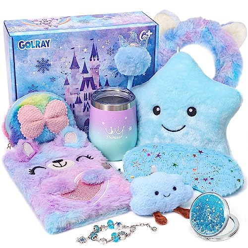 Latocos Frozen Geschenke Mädchen 6 7 8 9 10 Jahre Elsa Kuscheltier Plüsch Kissen Notizbuch Schneeflocke Armband Schlüsselanhänger Stern Augenmaske Stirnband Mädchen Prinzessin Geburtstag Geschenk von Latocos