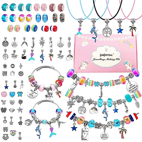 LauCentral 75 Stück Charm-Armbänder-Bastelset, Schmuckherstellung, Perlen, DIY-Bastelset mit Schlangenkette, für Mädchen, Teenager, Kinder im Alter von 5–12 Jahren von LauCentral
