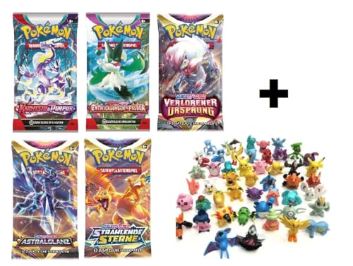 5 Verschiedene Pokemon Booster Packs - 50 Pokemon Sammelkarten (deutsch) + 3 Sammelfiguren von Laubner