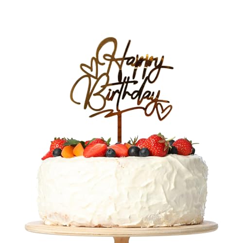 Happy Birthday Cake Topper, Gold Acryl Kuchen Dekoration für Frauen Mädchen Jungen Männer Geburtstag Party Dekorationen (Herzen) von Laurel & Mason