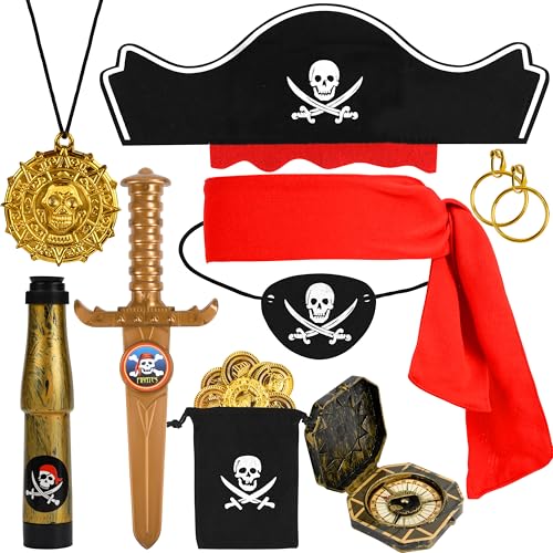 Kapitän Piratenkostüm-Zubehör, Piratenhut, Augenklappe, Münzen, Kompass, Teleskop für Damen und Herren, Halloween, Cosplay, Party, Rollenspiele, Schwarz, 8 Stück Kapitän Piratenkostüm-Zubehör, Piratenhut, Augenklappe, Münzen, Kompass, Teleskop für Damen und Herren, Halloween, Cosplay, Party, Rollenspiele, Schwarz, 8 Stück von Lavwix