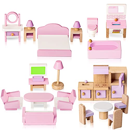 Puppenhaus Möbel Set Holz 5 Zimmer Kit 22 Stück Miniatur Puppenhaus Holzmöbel Zubehör, einschließlich Küche, Esszimmer, Wohnzimmer, Schlafzimmer, Badezimmer für Spielhaus von Lawcephun