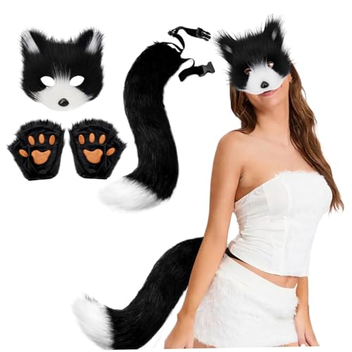 3pcs/Set Therian Gear, Halloween Therian Maske und Schwanz, Handschuhe Set Schwarz -Weiß -halbe Gesichtsfuchsmaske mit verstellbarem Schnallen pelziger Schwanz für Halloween Cosplay Cat |.Pelzig 3pcs/Set Therian Gear, Halloween Therian Maske und Schwanz, Handschuhe Set Schwarz -Weiß -halbe Gesichtsfuchsmaske mit verstellbarem Schnallen pelziger Schwanz für Halloween Cosplay Cat |.Pelzig von Lawnrden