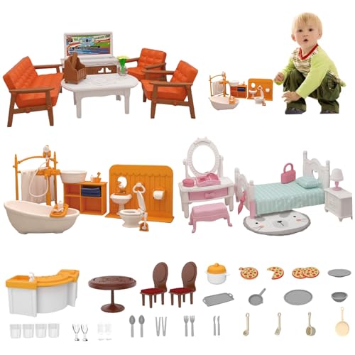 4 Sets Puppenhaus Möbel und Accessoires Set Badezimmer Schlafzimmer Küche Wohnzimmer Miniatur Haus Möbel Set Plastik von Lawnrden