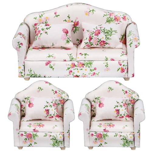 Dollhouse Couch, 3pcs/Set 1 12 Skala Dollhouse Möbel, Blumenmuster Doppel ＆ Einzelcouch mit Kissen Sessel Sofa Wohnzimmer Möbel Holzzubehör von Lawnrden