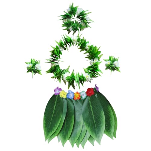 Hula -Rock Hawaiian Kostümset, Hula -Rock für Erwachsene 5pcs/Set Green Blatt mit Halsketten Armbändern Stirnband Hawaiian TOOTE KETK FÜR LUAU PARTY, s von Lawnrden