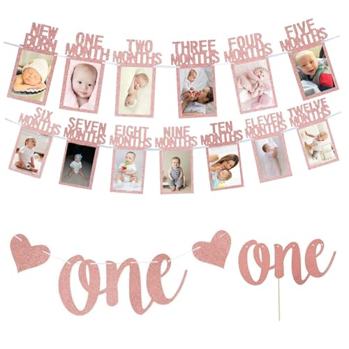 Lawnrden 1. Geburtstag Babyfoto Banner, Mädchen Neugeborene bis 12 Monate Bunting Girland mit einem Kuchen Topper Roségold für erste Geburtstagsdekorationen von Lawnrden