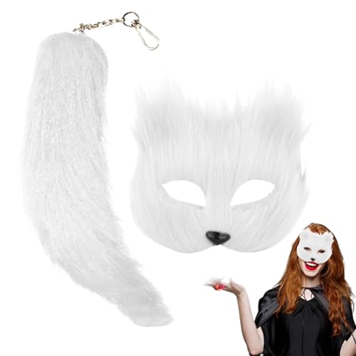 Lawnrden 2pcs/Set Fox Maske und Schwanz, Faux Fox Hair Halloween Maske Flauschige halbe Gesicht Therian mit Schwanzschlüsselkette für Maskerade Halloween Cosplay White |.Therian Ausrüstung von Lawnrden