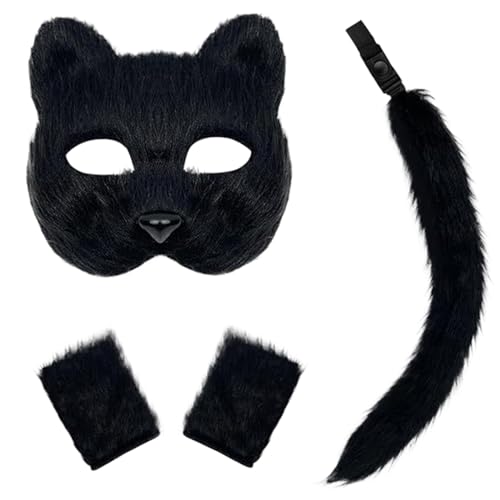 Lawnrden 3 PCs Therian Maske Faux Purry Maske Schwanzhandschuhe Set halb Gesichtsfuchs mit verstellbarer Schnalle Exquisite Wolf für Cosplay Fancy Costume Party Schwarz |.Wolf von Lawnrden
