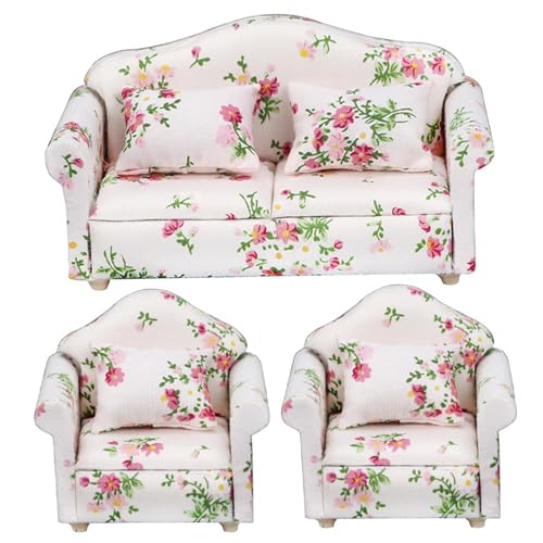 Lawnrden 3pcs/Set 1 12 Skala Dollhouse Möbel, Blumenmuster Doppel ＆ Einzelpuppenhaus Couch mit Kissen Sessel Sofa Wohnzimmermöbel Holzzubehör |.Miniatur von Lawnrden