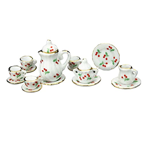 Lawnrden Dollhouse Miniature Tee -Set Porzellan Tasse Pot Teller Blumenkirschdruck 1:12 Zubehör Esswaren 15pcs | Haushaltsgeschirr Geschirr von Lawnrden