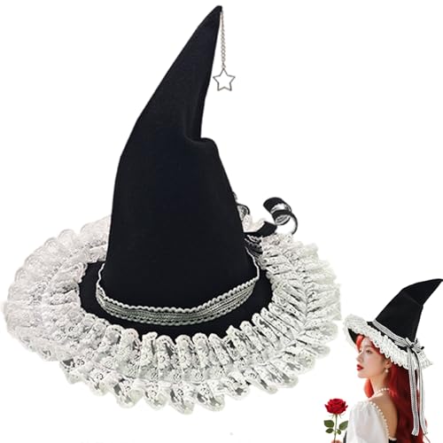 Lawnrden Hexenhut elegante mysteriöse Spitzenzauberer Hut mit Bogen Halloween Kostüme für Frauen Halloween Weihnachts -Cosplay -Party | Hüte von Lawnrden