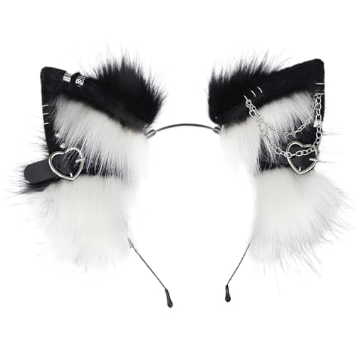 Lawnrden Katzenohren Stirnband, 1pcs pelzige Ohren Kopfbedeckung mit Metallherz und Kettendekor, gotische Punk -Therian Ohren, Tierohren Haarband für Cosplay -Kostüm, Schwarz -Weiß, Tierohren Lawnrden Katzenohren Stirnband, 1pcs pelzige Ohren Kopfbedeckung mit Metallherz und Kettendekor, gotische Punk -Therian Ohren, Tierohren Haarband für Cosplay -Kostüm, Schwarz -Weiß, Tierohren von Lawnrden